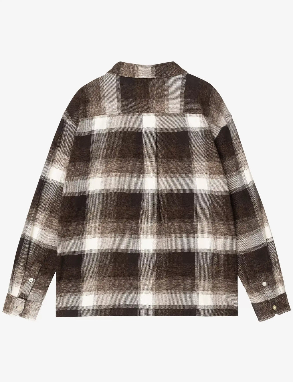 Plaid button-up shirt back view with long sleeves and button cuffs