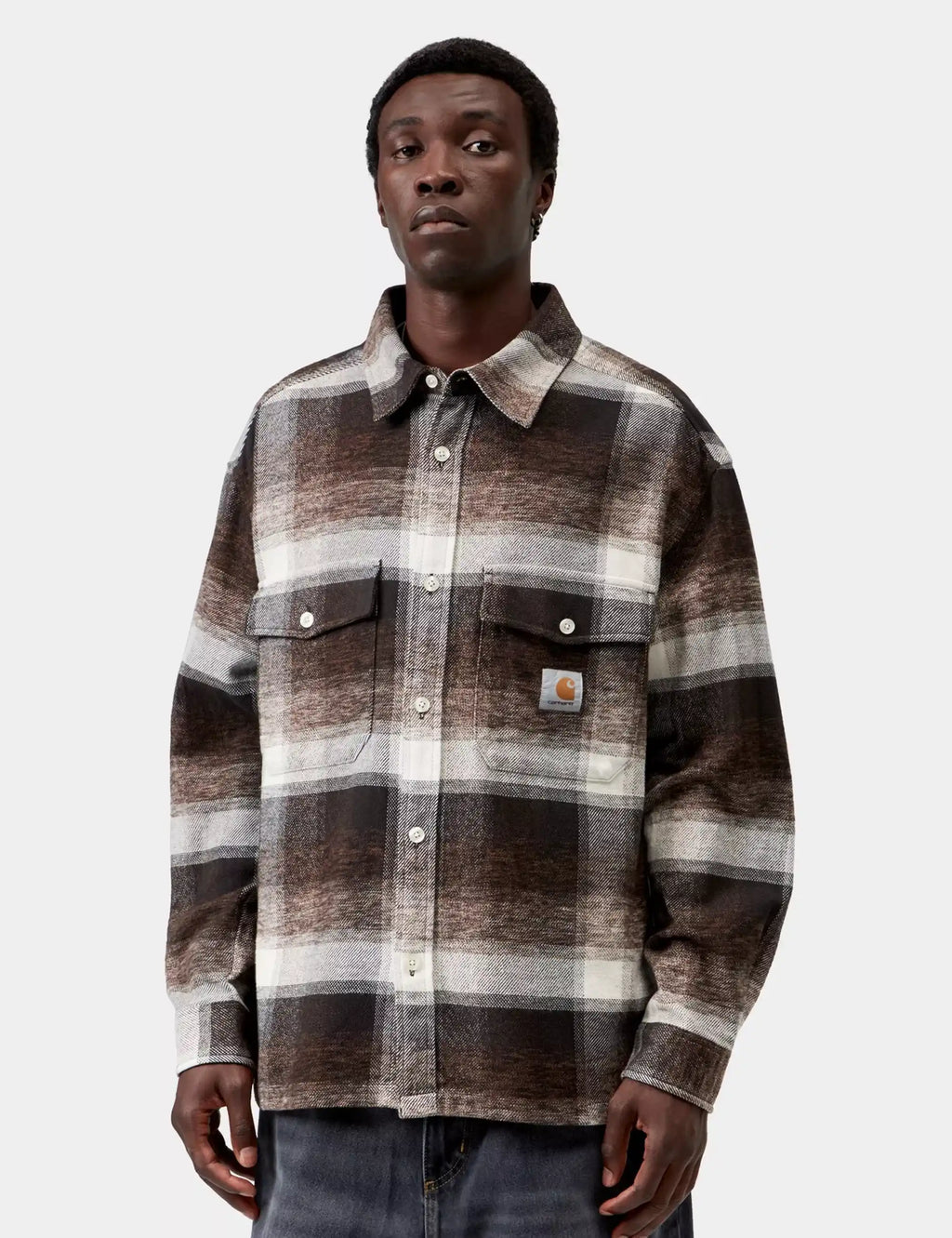 Plaid work shirt with button front, point collar, and chest patch pockets