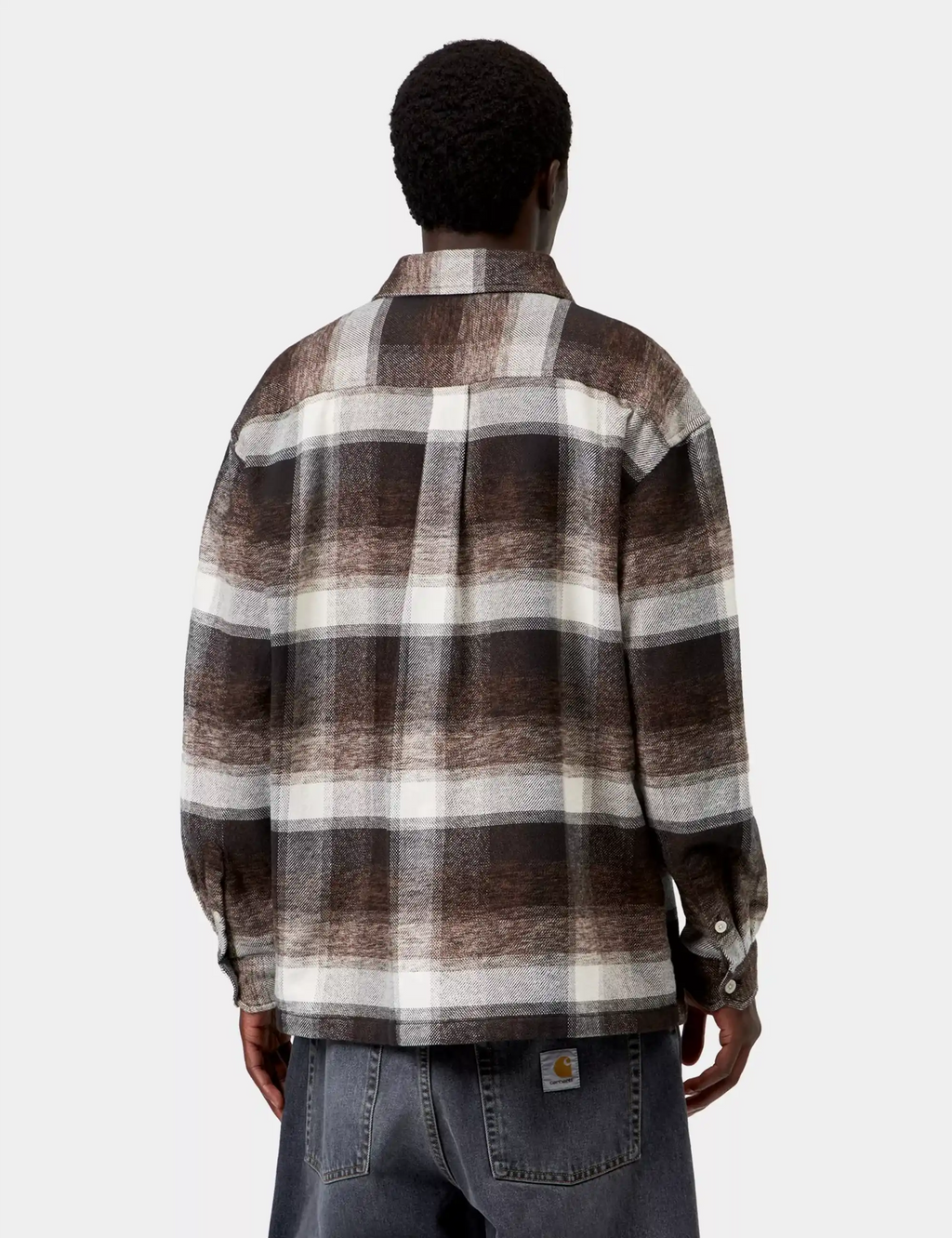 Plaid button-up shirt back view with point collar and long sleeves