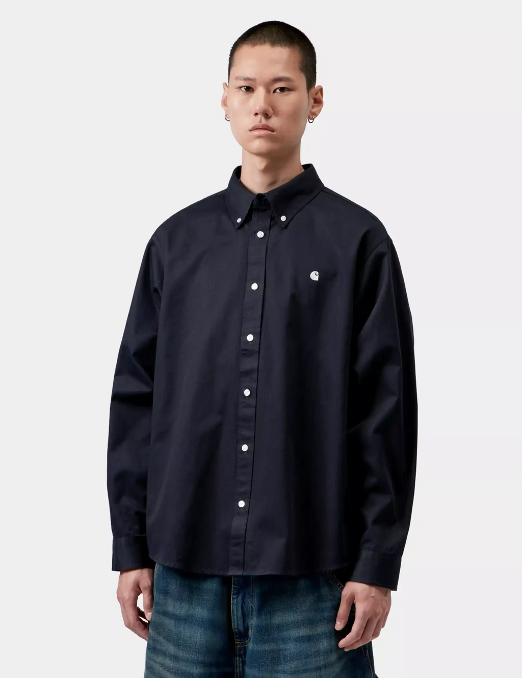 Carhartt WIP OG Madison shirt in dark navy, front on model, button-up collar