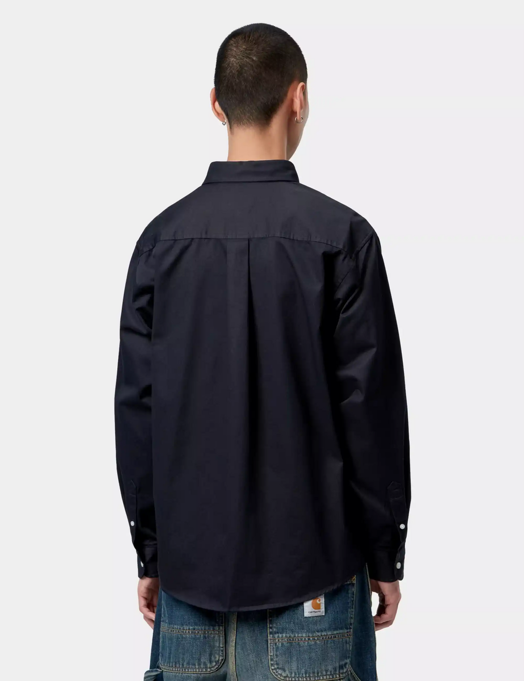 Carhartt WIP OG Madison shirt in dark navy, back on model, buttoned cuffs