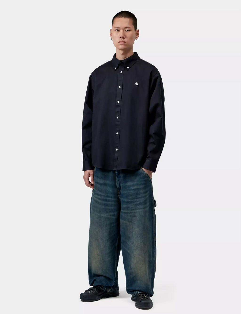Carhartt WIP OG Madison shirt in dark navy, front on model, button placket