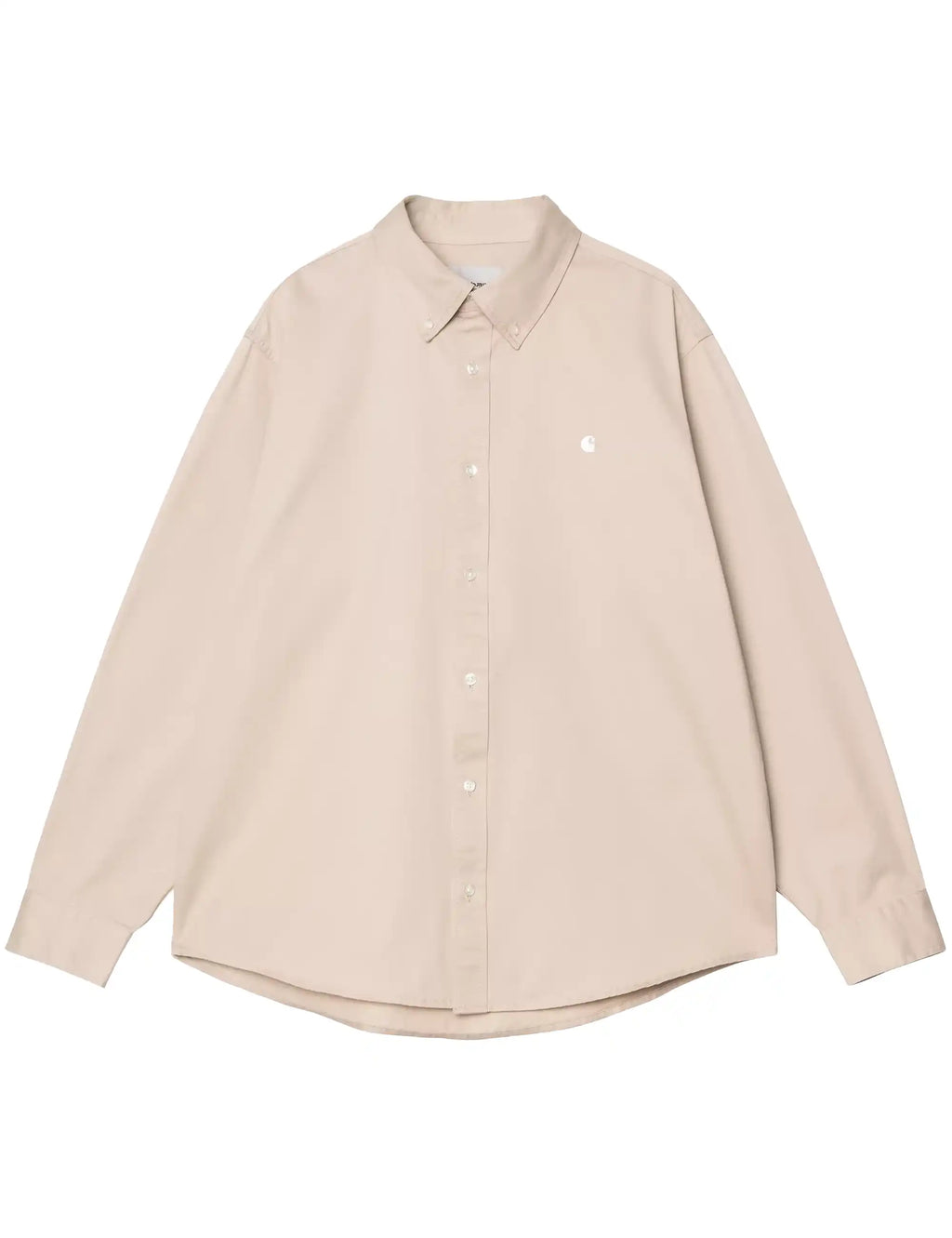 Light beige button-up work shirt with long sleeves, button front and pointed collar.