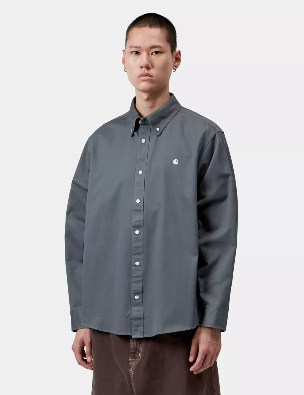 Dark slate blue button-up Madison shirt with collar and chest logo detail