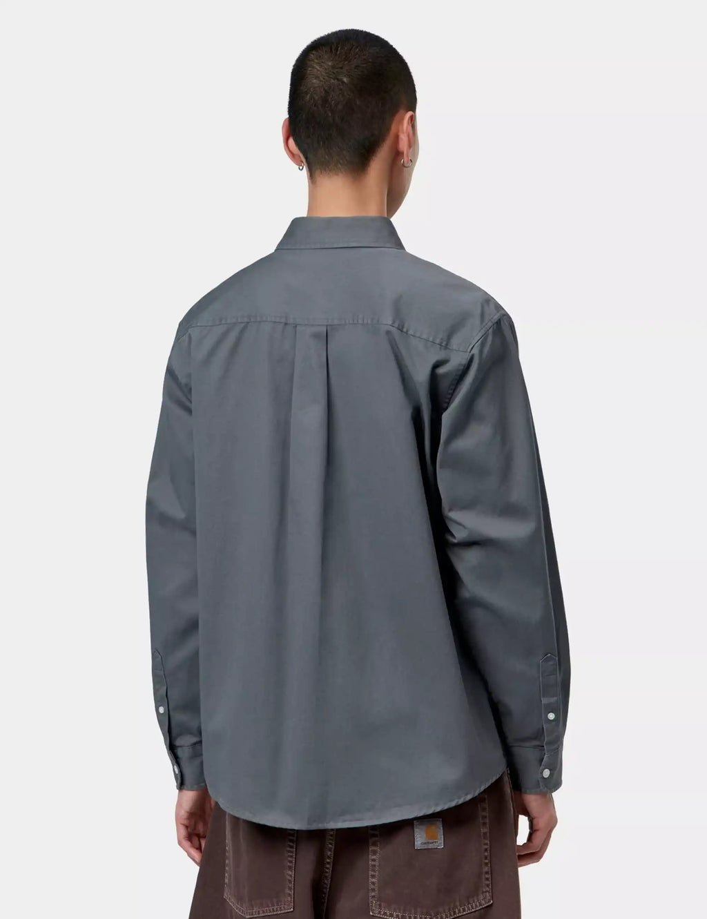 Back-view dark slate blue Madison shirt with yoke seam and button cuffs