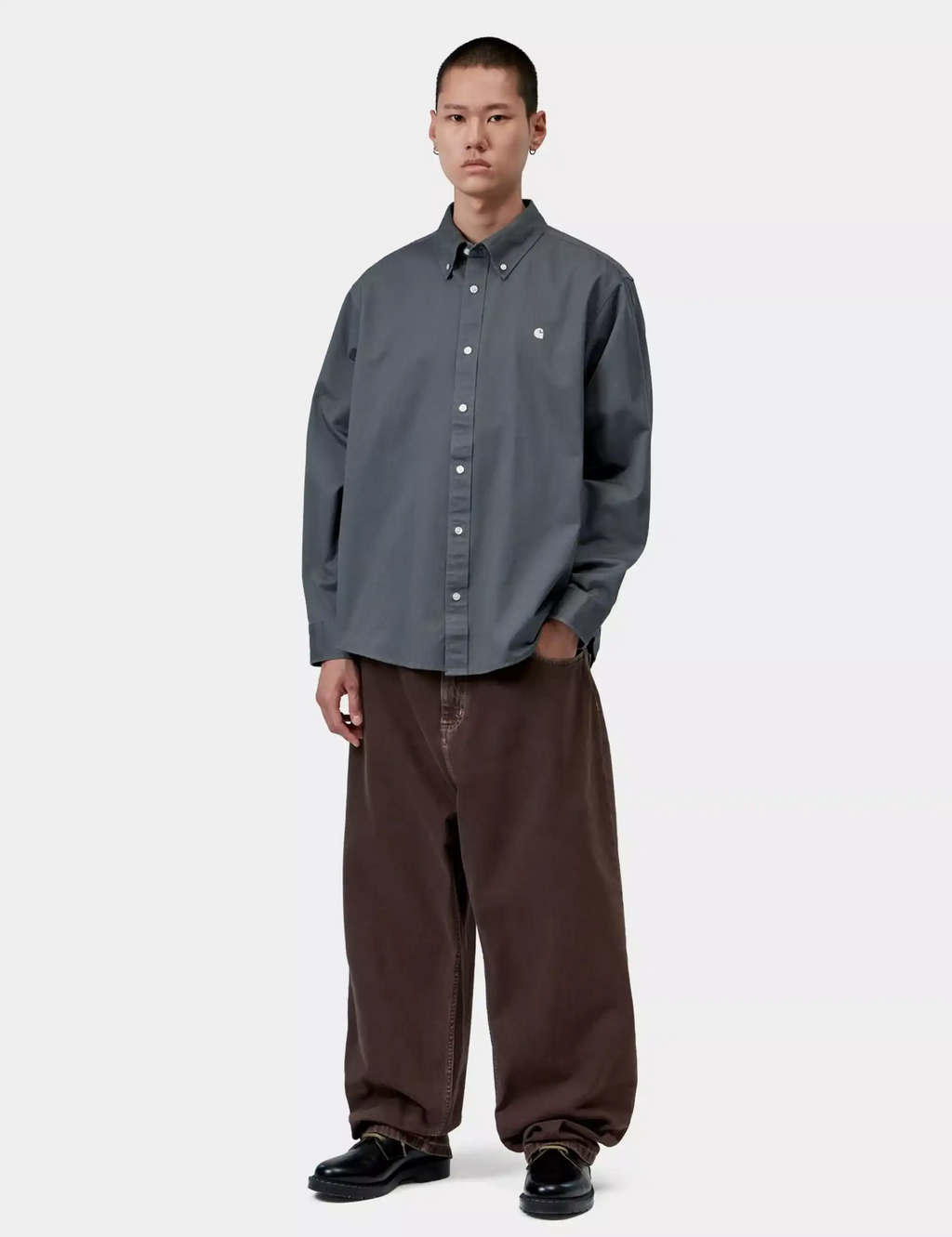 Dark slate blue Madison shirt with collar and front button placket, long sleeves