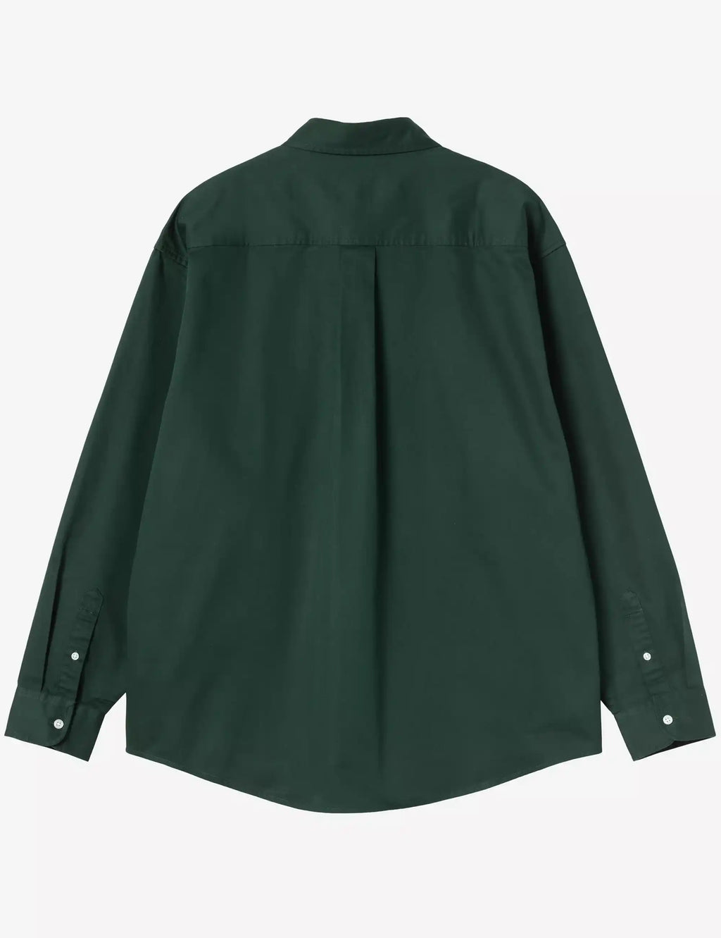 Dark green long-sleeve button-up shirt, back view, with two-button cuffs