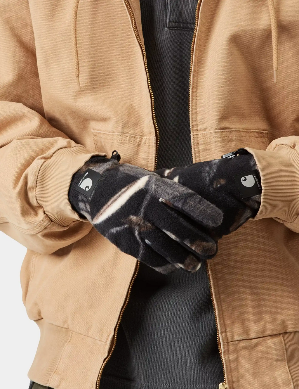Black camo fleece gloves with curved fingers and knuckle seam detail