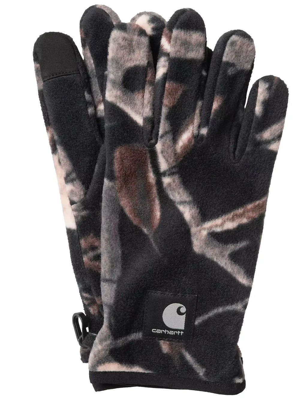 Black, gray, and brown camo fleece gloves with logo patch on palm