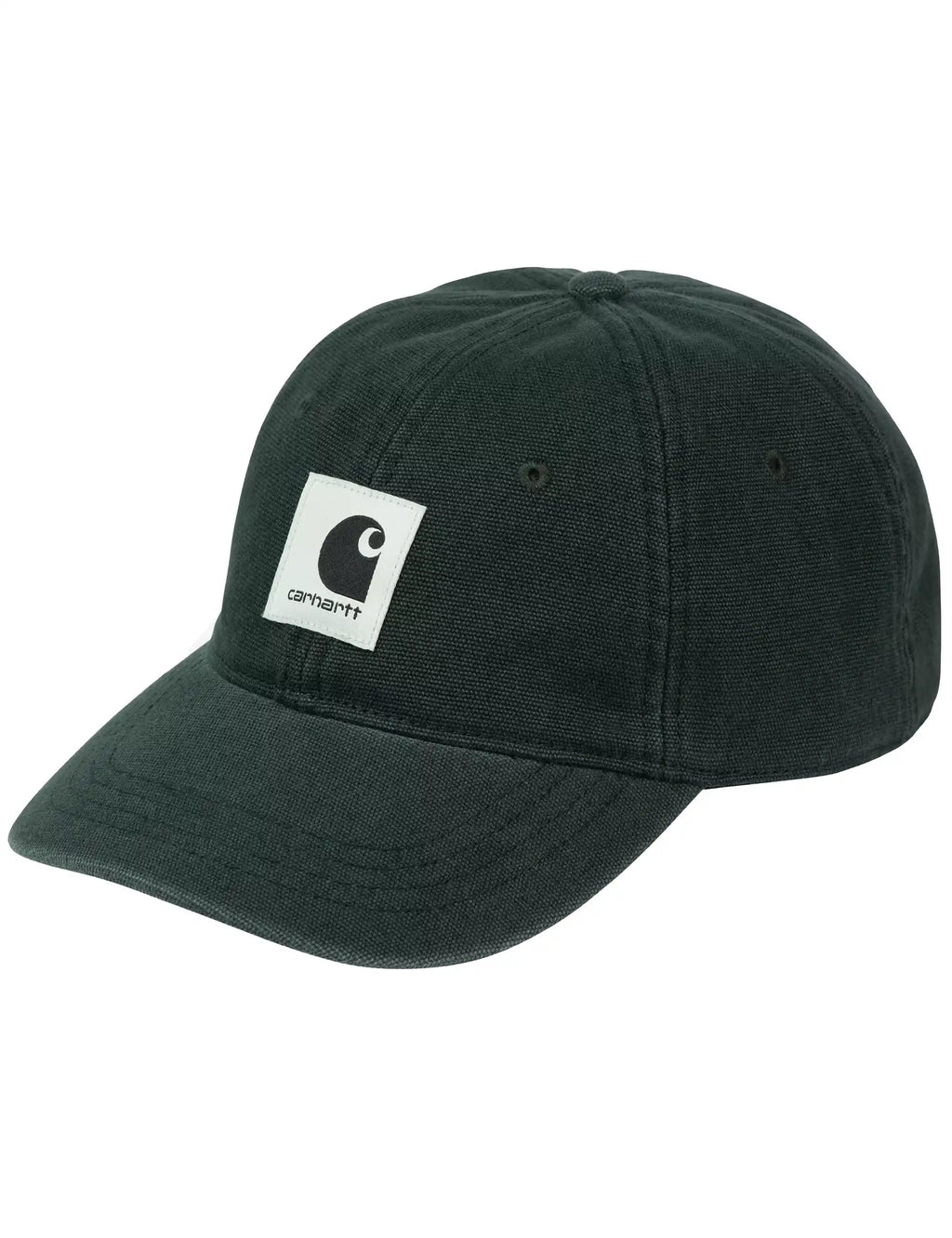 Dark green canvas cap with front logo patch, eyelets, and curved brim