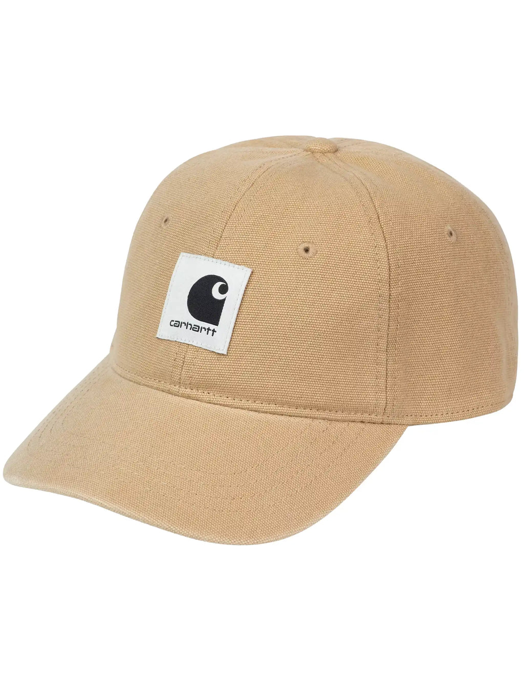 Tan canvas baseball cap with front Carhartt logo patch and curved brim