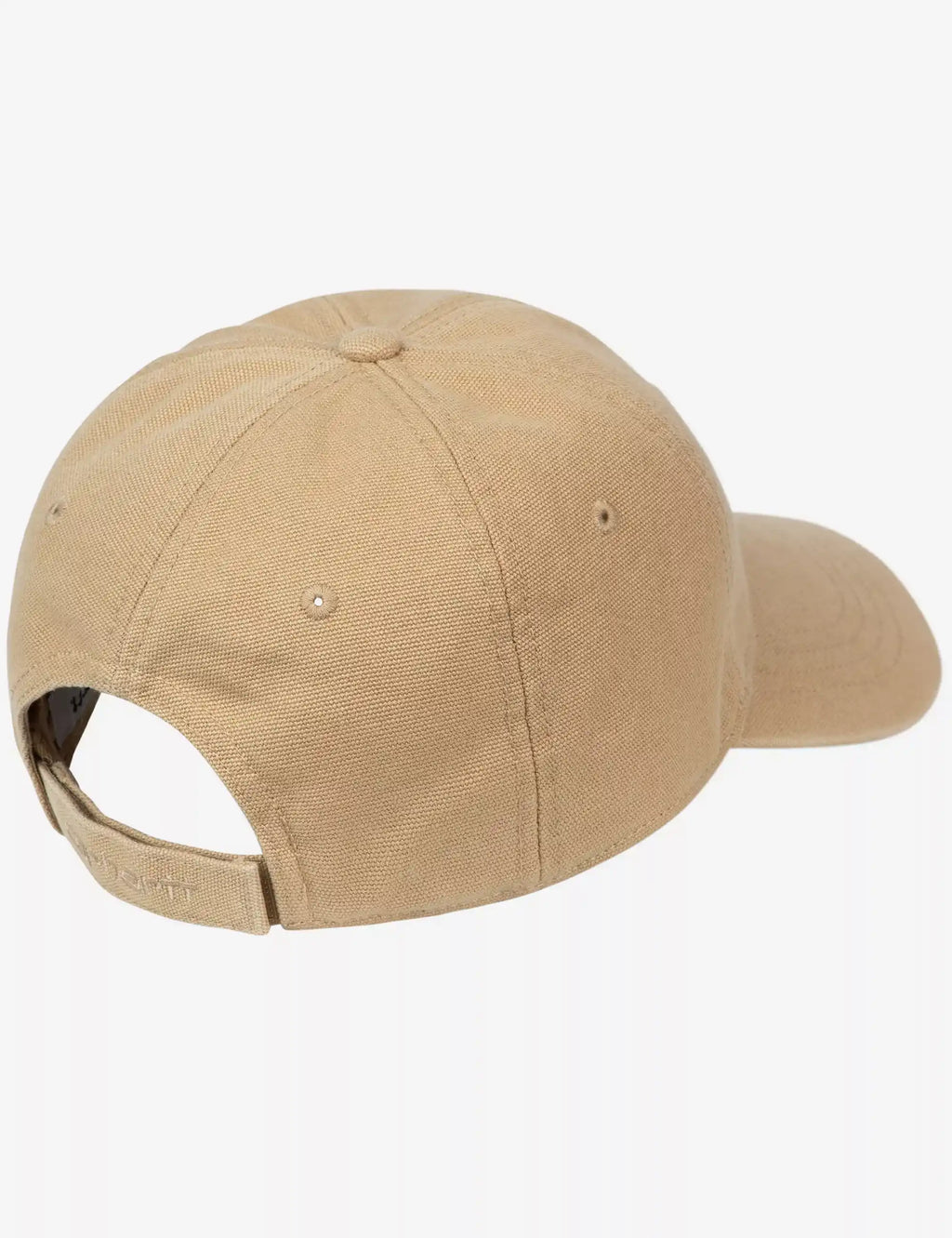 Tan canvas baseball cap viewed from side with adjustable back strap