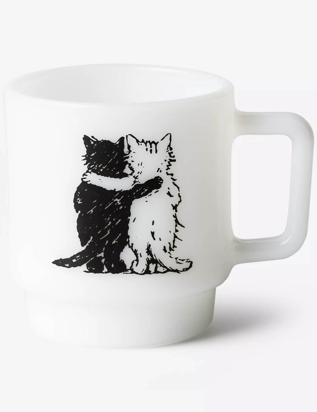 White glass mug with black-and-white hugging cat graphic on side