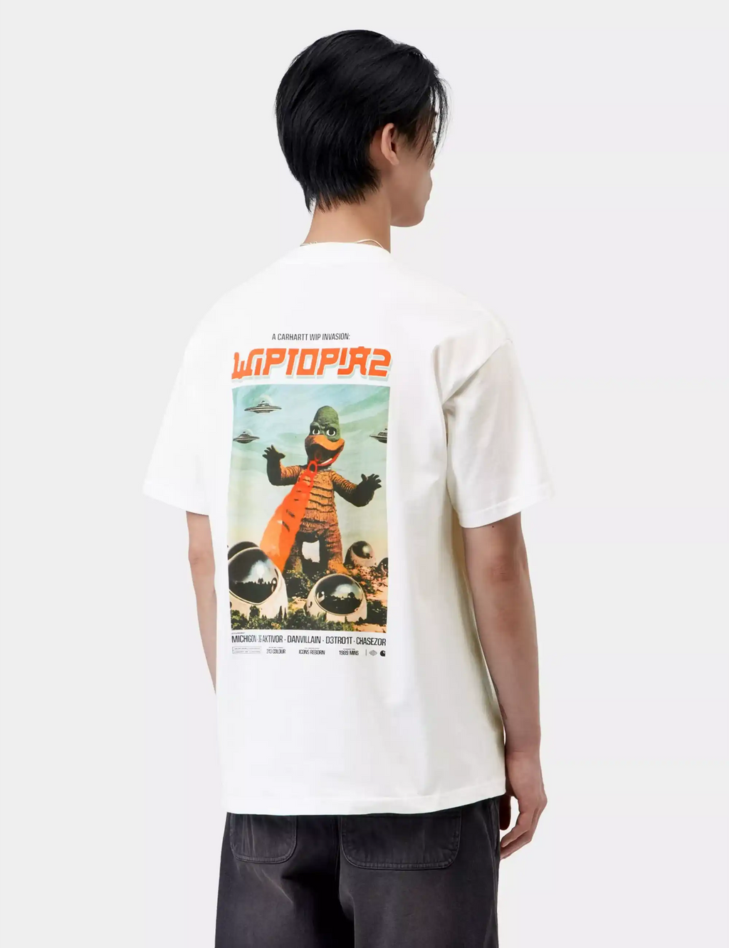 White T-shirt with large orange-and-green back graphic print