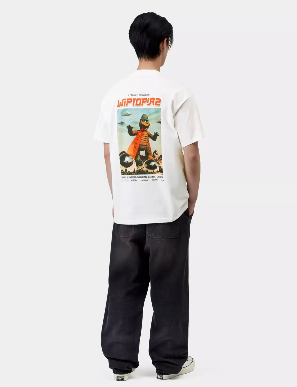 White crew-neck T-shirt with large back graphic illustration
