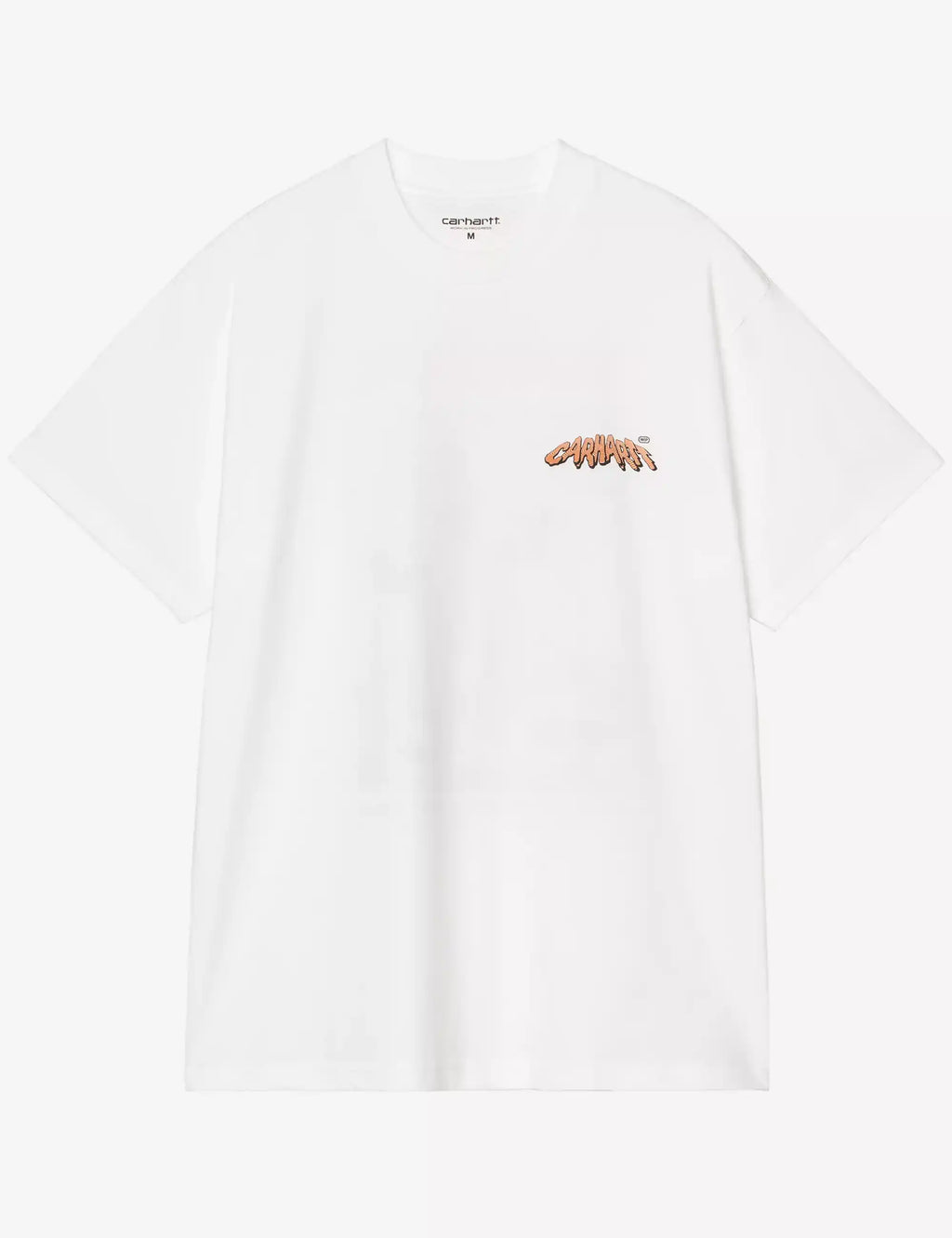 White crew-neck T-shirt with small orange chest logo