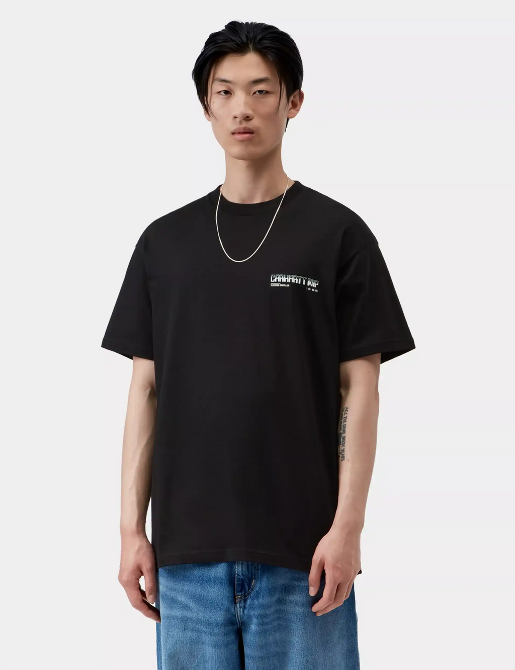 Black T-shirt with small chest logo text, crew neck short sleeves