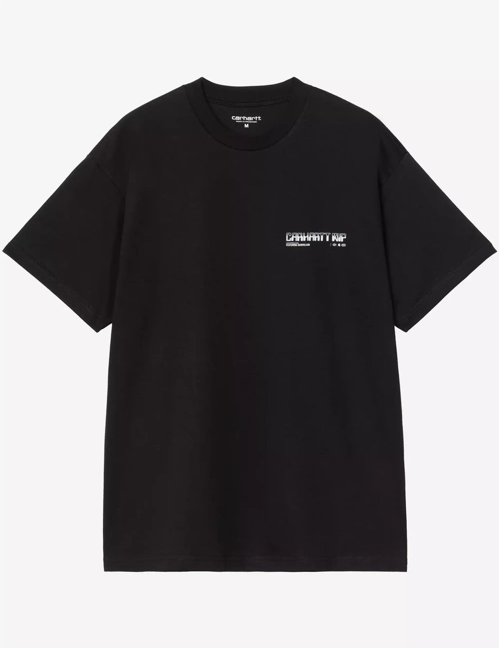 Black T-shirt with small chest logo on left, crew neck short sleeves