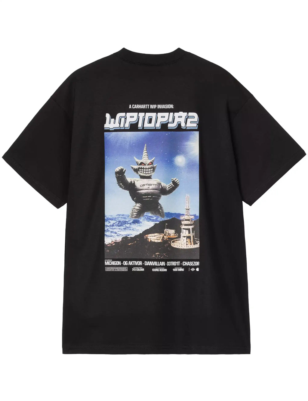 Black graphic T-shirt with front character scene print, crew neck short sleeves
