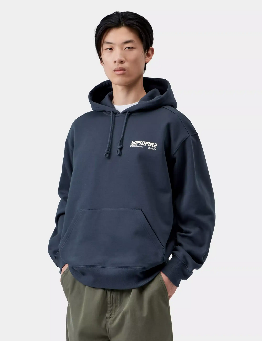Blue hooded sweatshirt with front kangaroo pocket, drawstring ties, small chest logo