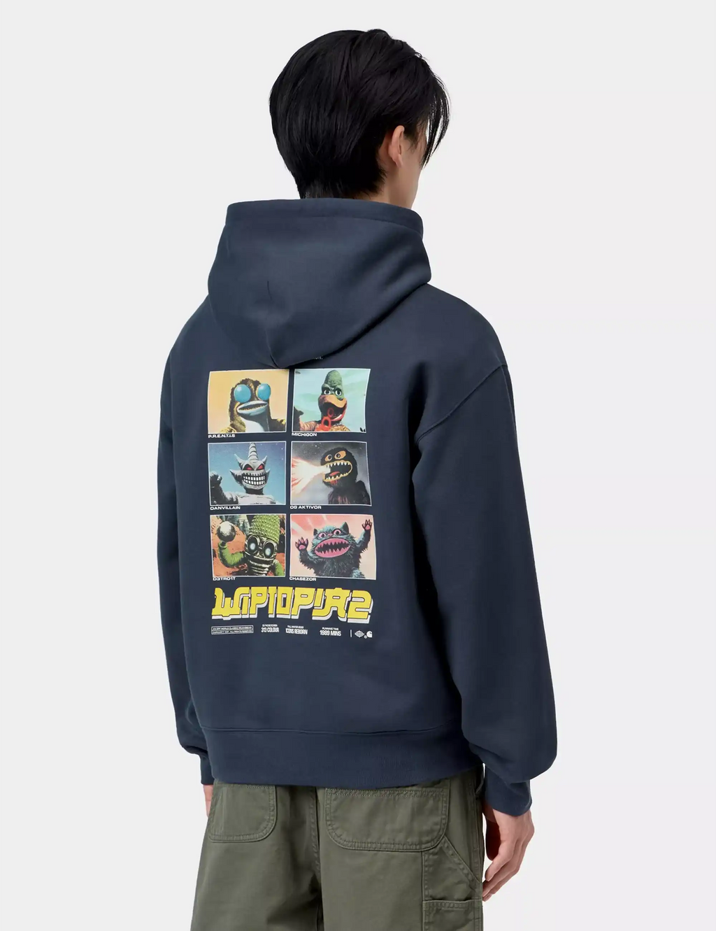 Navy-blue hooded sweatshirt with large back graphic and drawstring hood