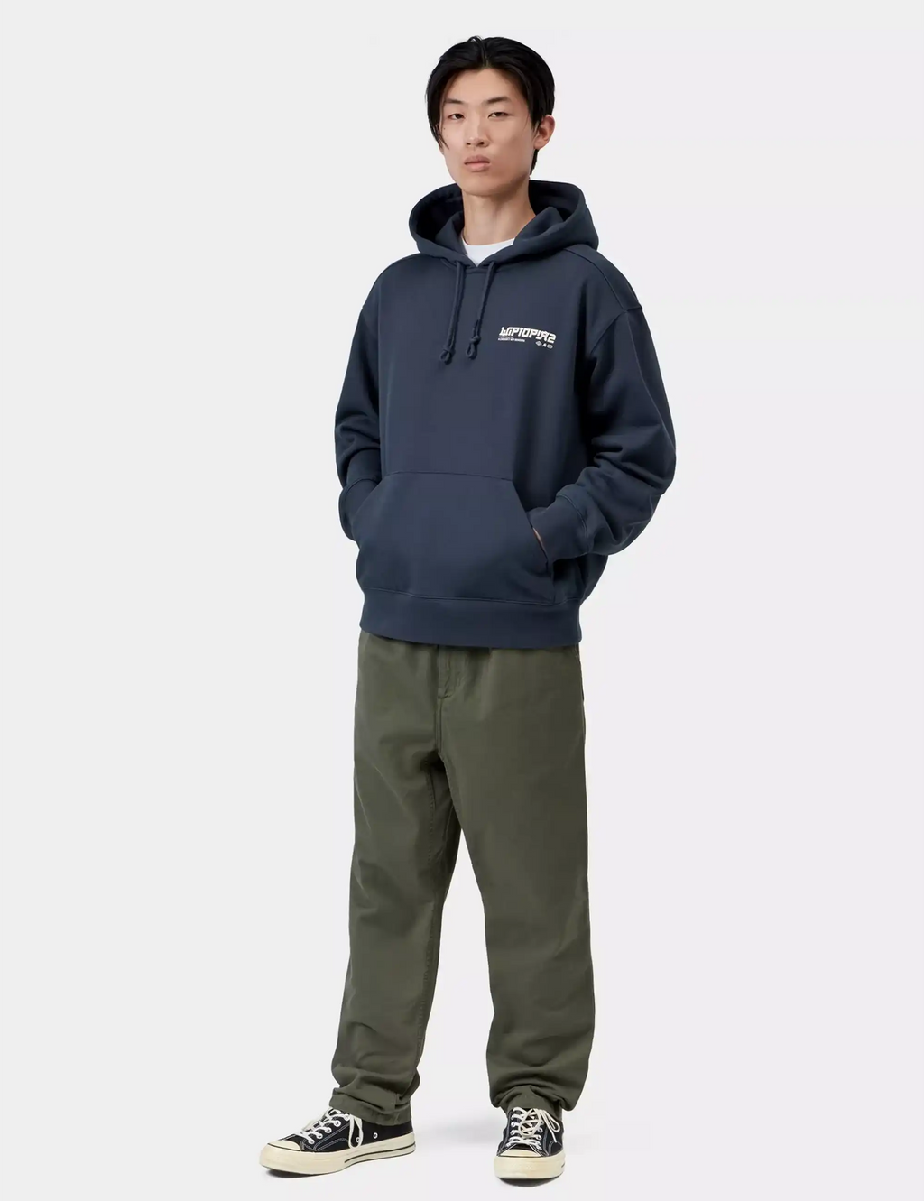 Blue pullover hoodie with hood, small chest logo, and front pouch pocket