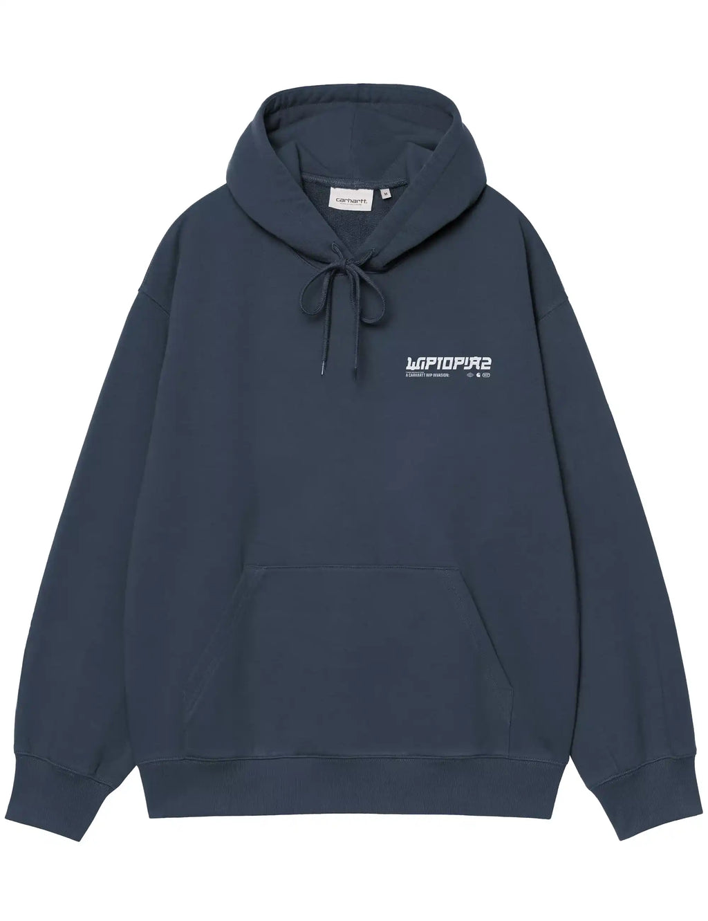 Navy-blue pullover hoodie with hood, drawstring, and small chest logo