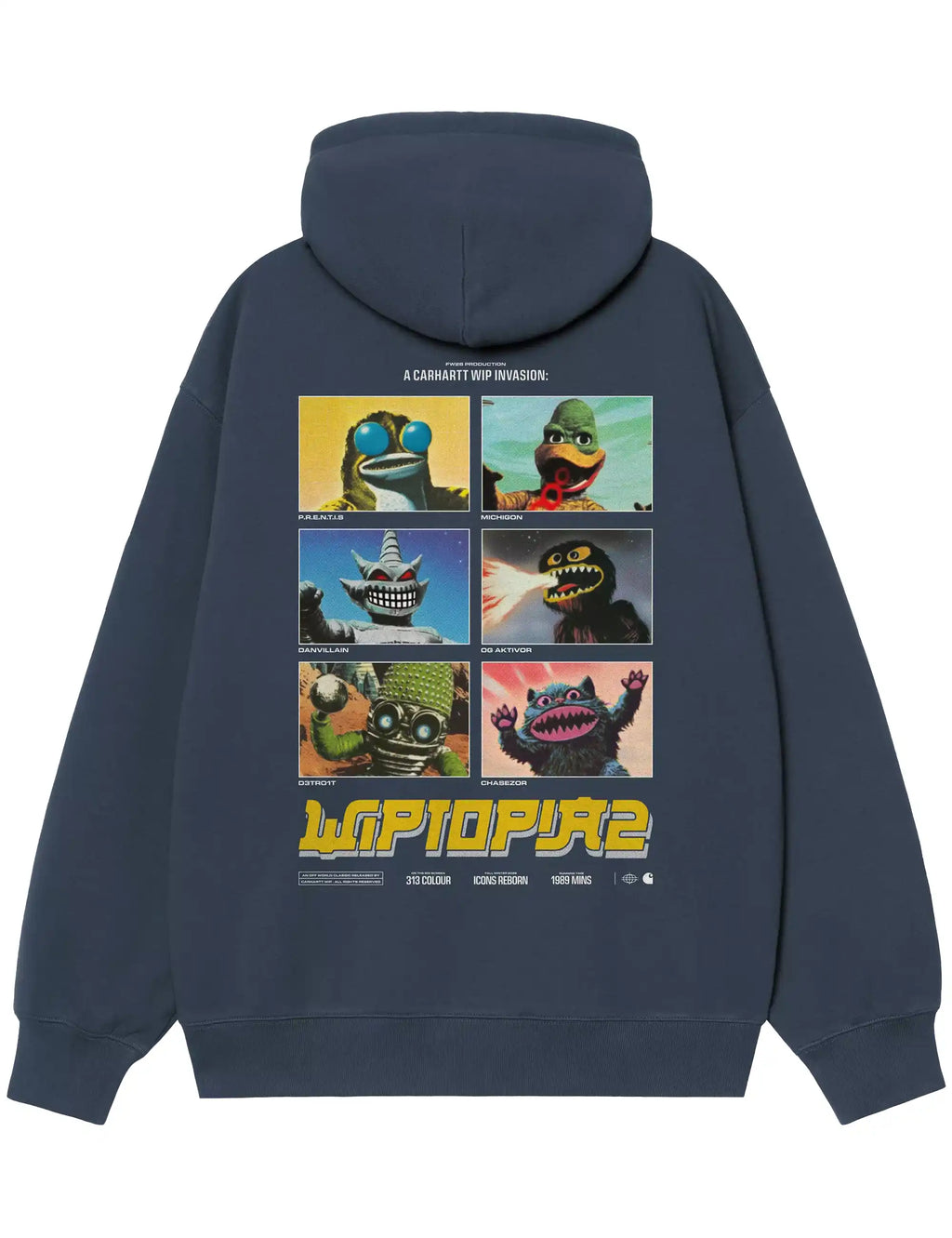 Navy-blue hooded sweatshirt with large back game-style graphic and drawstring hood