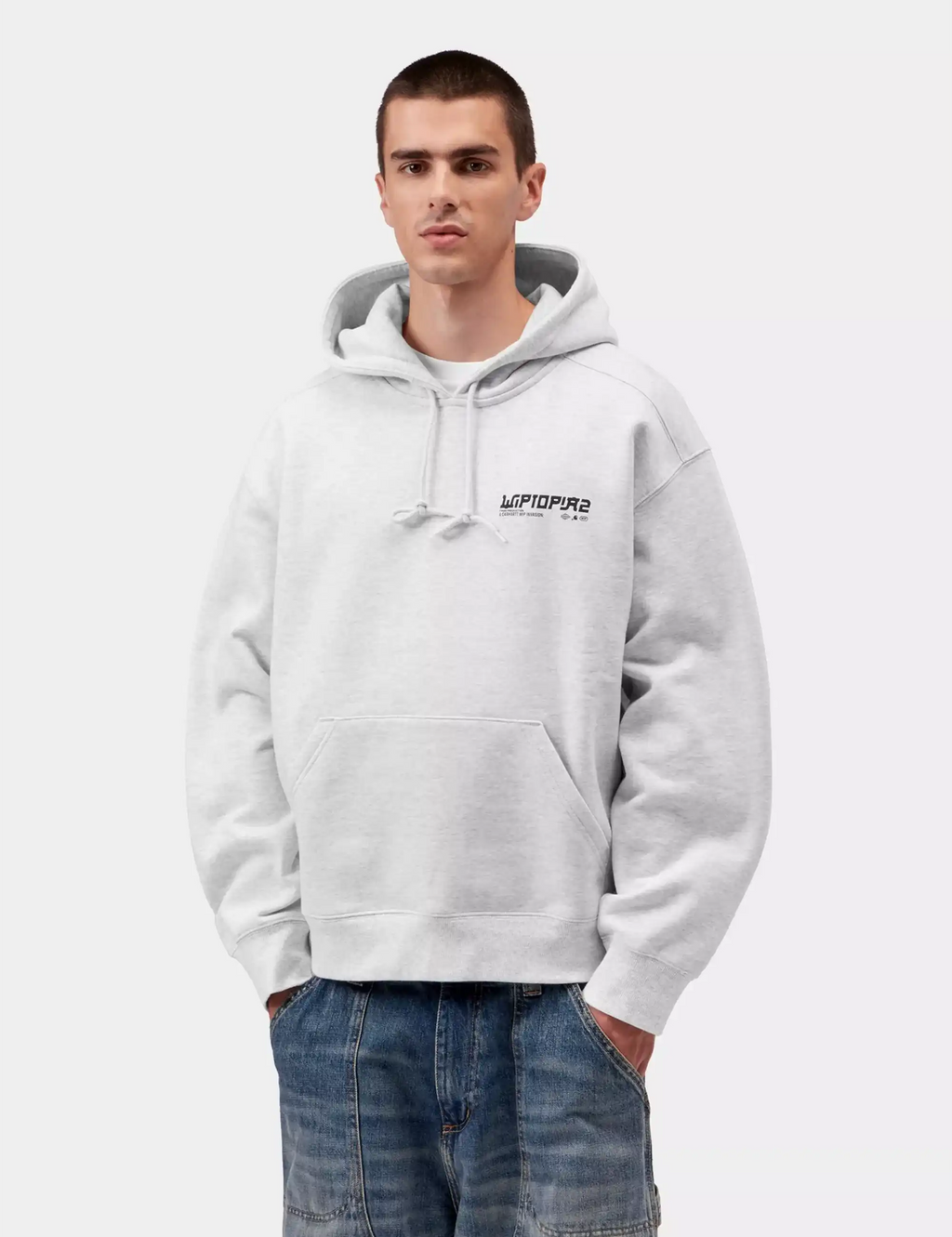 Light heather gray hooded sweatshirt with drawstring and chest logo, kangaroo pocket
