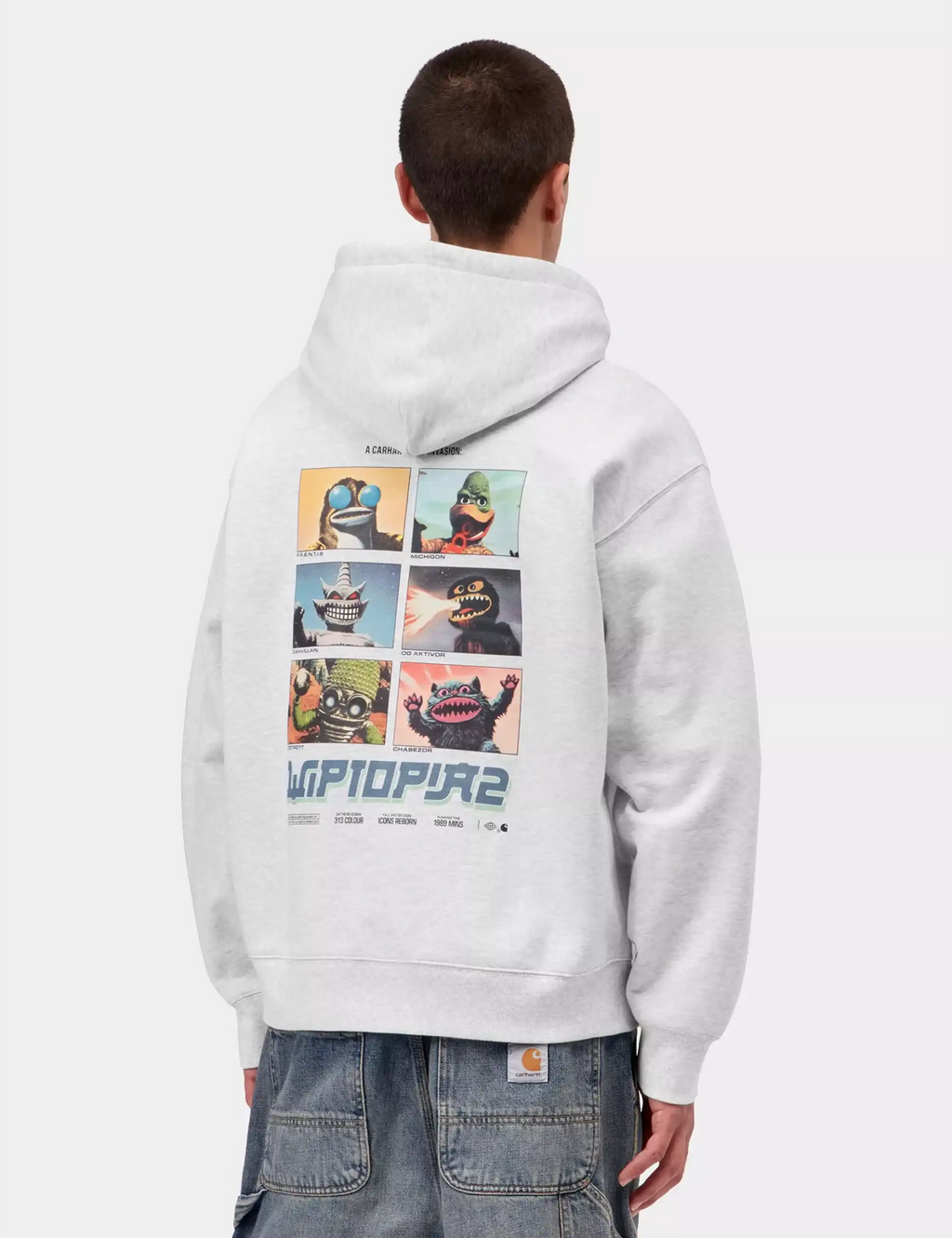 Light heather gray hoodie with large back graphic panel and kangaroo pocket