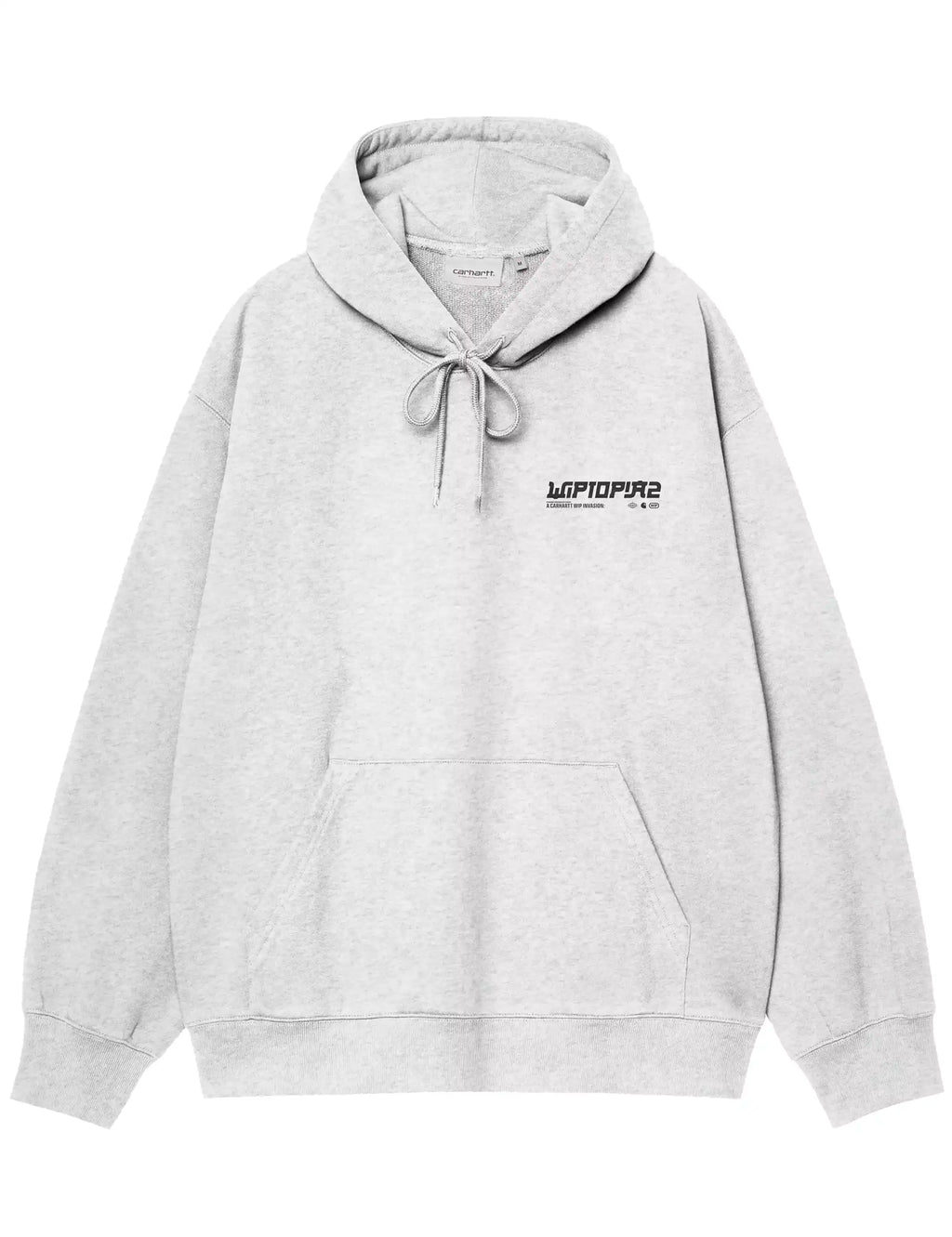 Light heather gray pullover hoodie with tied drawstring and small chest logo