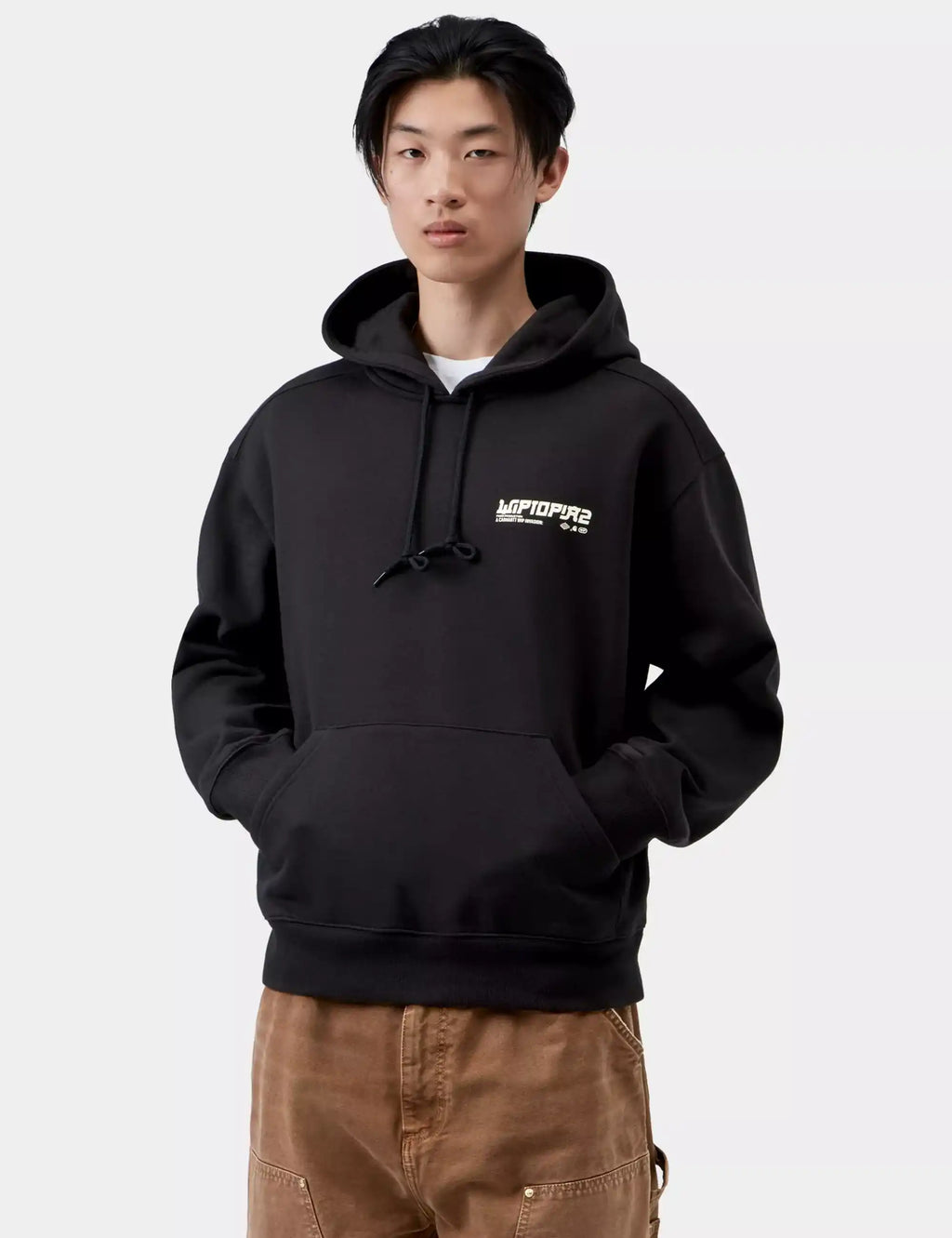 Black hooded sweatshirt with drawstring, chest logo patch, kangaroo pocket