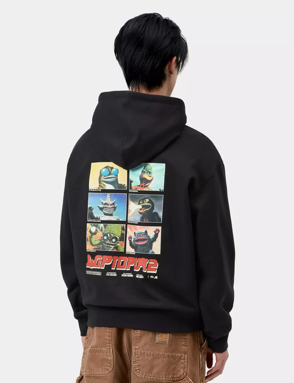 Black hooded sweatshirt with large back graphic print, drawstring hood, kangaroo pocket