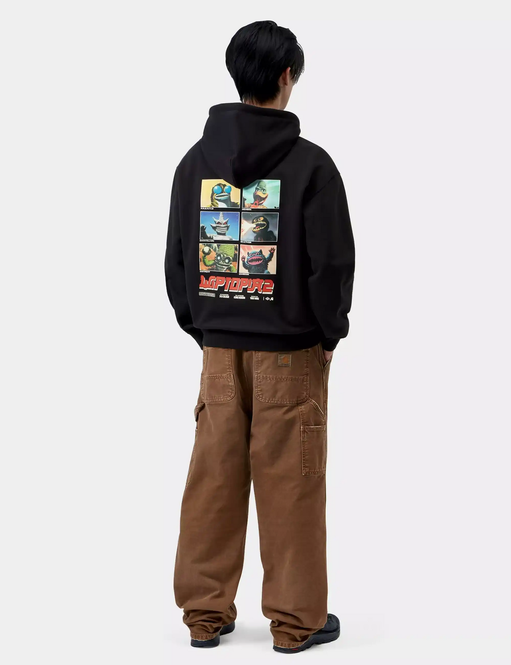Black hooded sweatshirt with back graphic panel, drawstring hood, relaxed fit