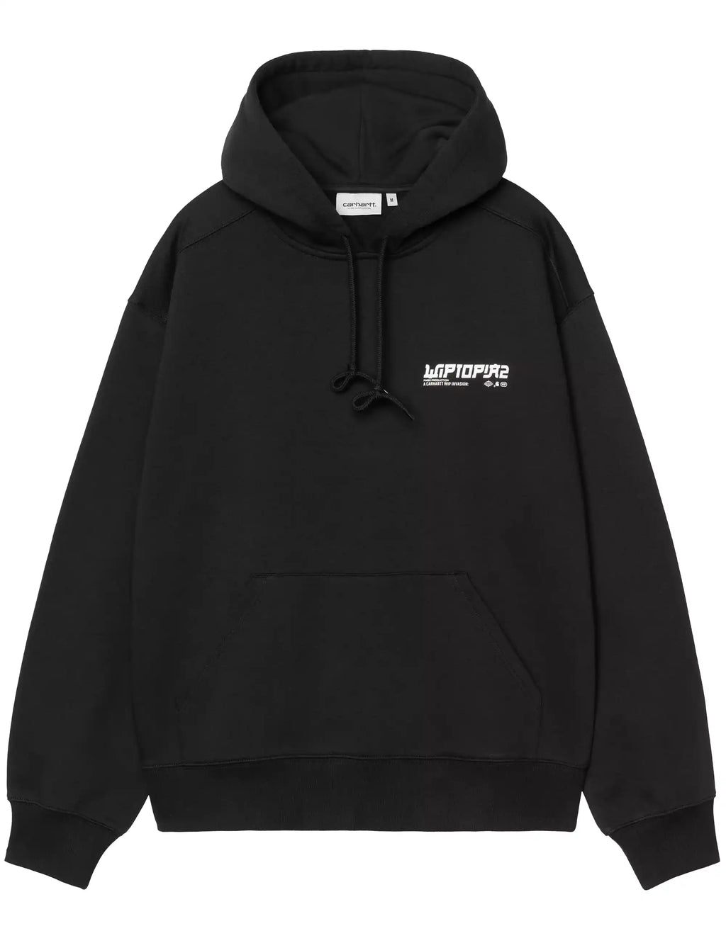 Black pullover hooded sweatshirt with drawstring and small chest logo detail