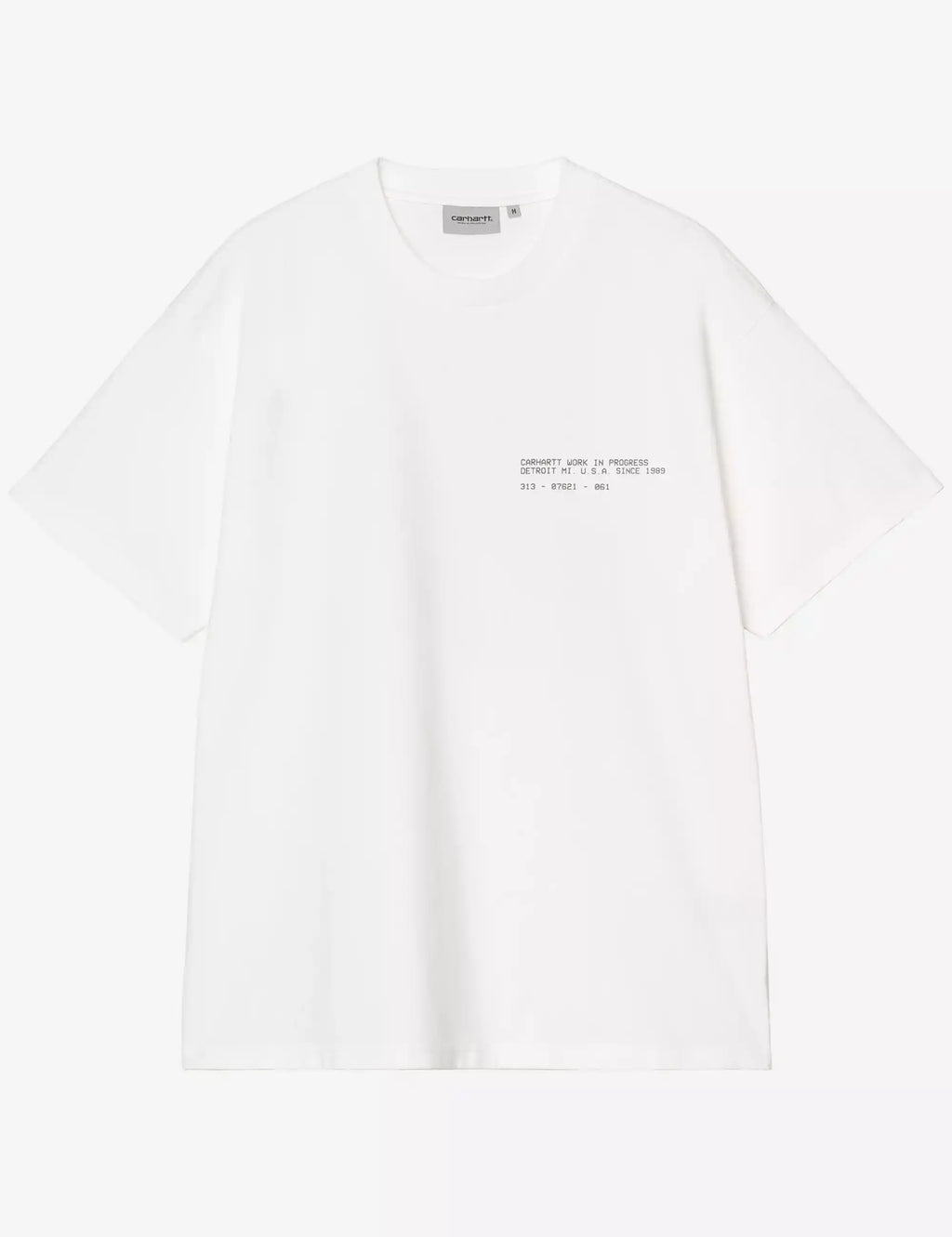 White crew-neck T-shirt with small chest logo print.