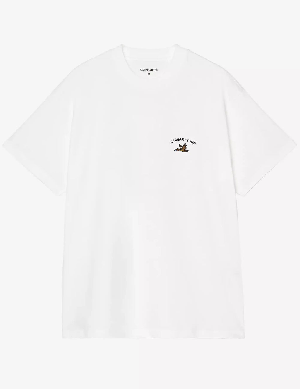 White crew-neck T-shirt with small animated duck graphic on chest.
