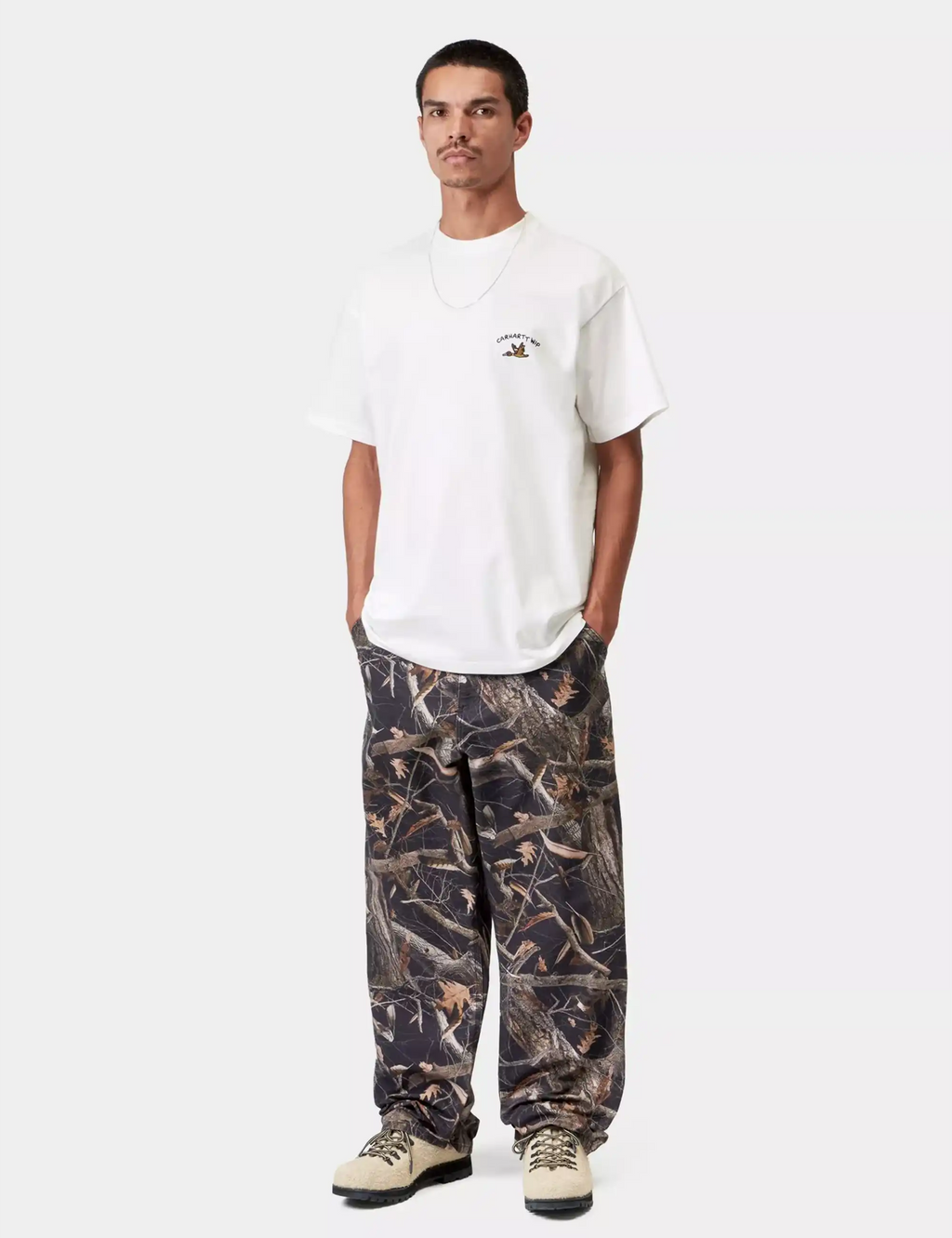 White crew-neck T-shirt with animated duck logo on left chest.