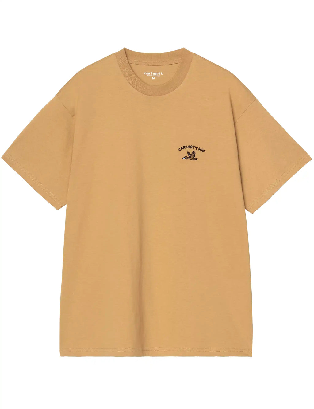 Men's tan crew-neck T-shirt with small duck logo graphic on chest