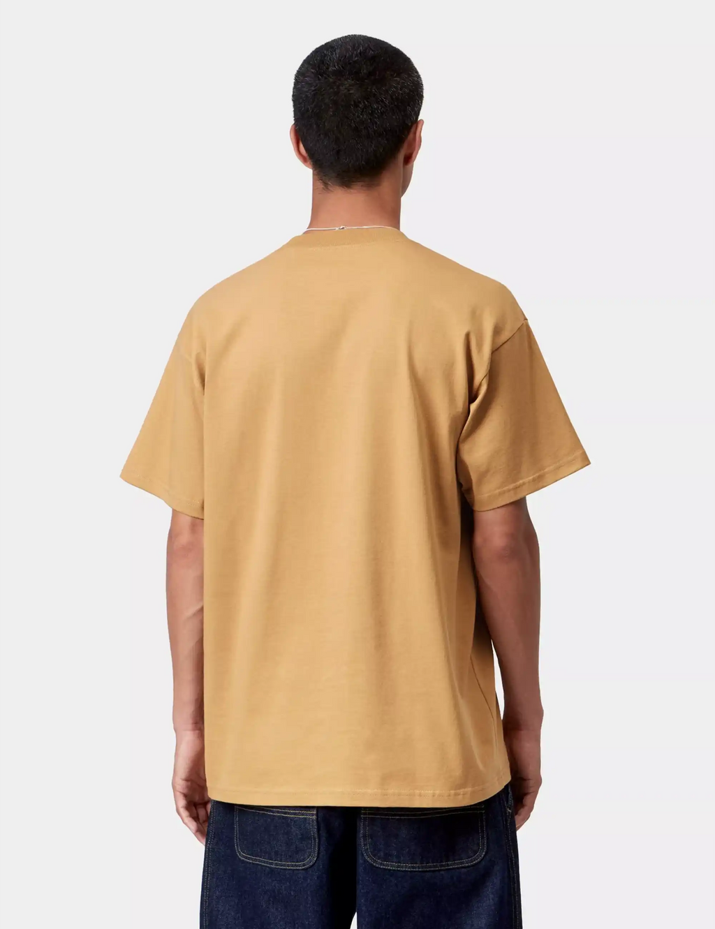 Tan crew-neck T-shirt with plain back, model facing away