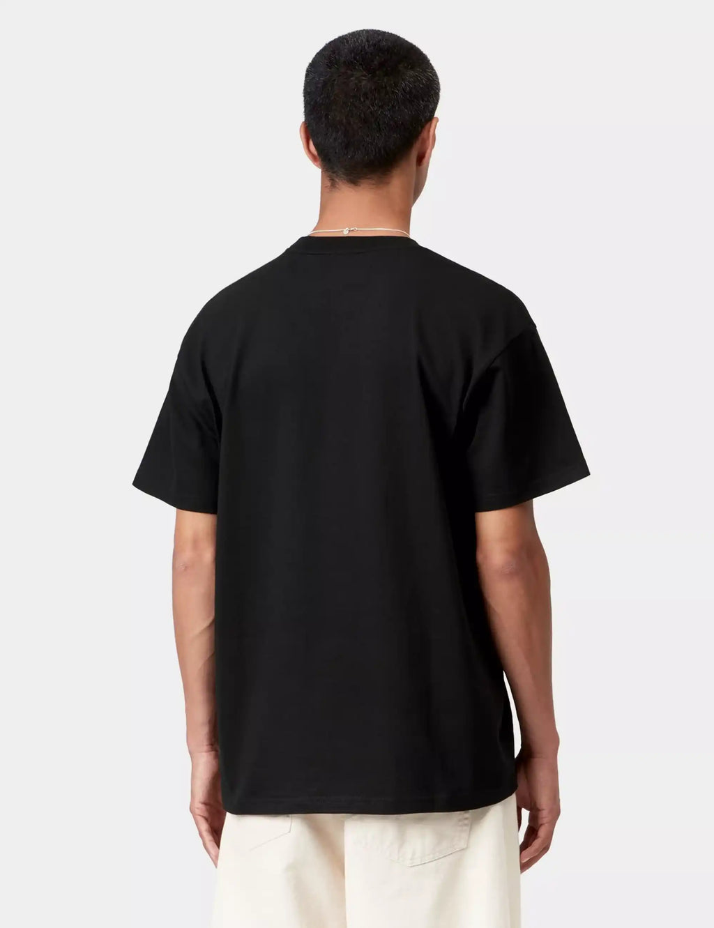 Black Carhartt WIP T-shirt back view on model, short sleeves crew neck