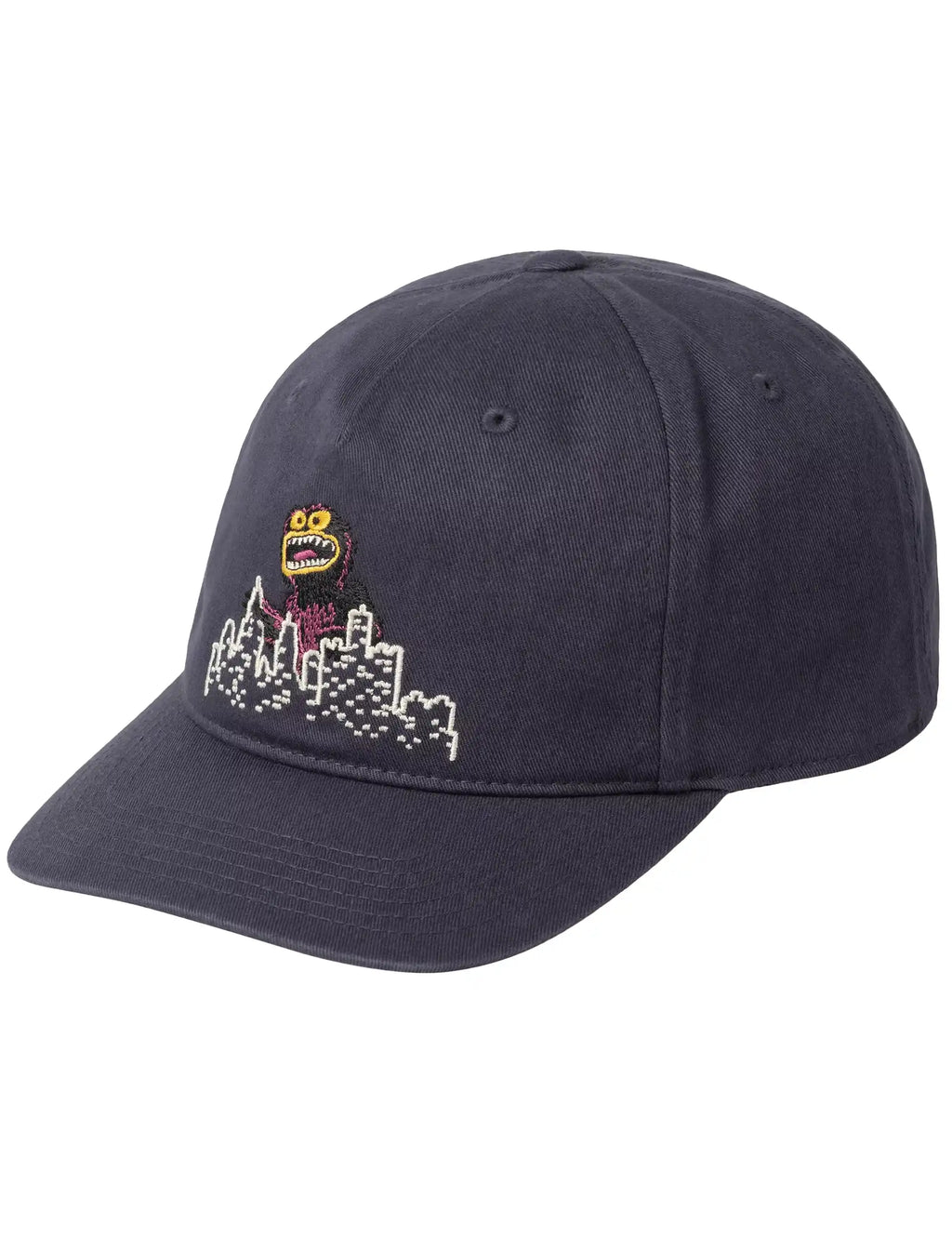 Dark navy baseball cap with embroidered owl and skyline graphic