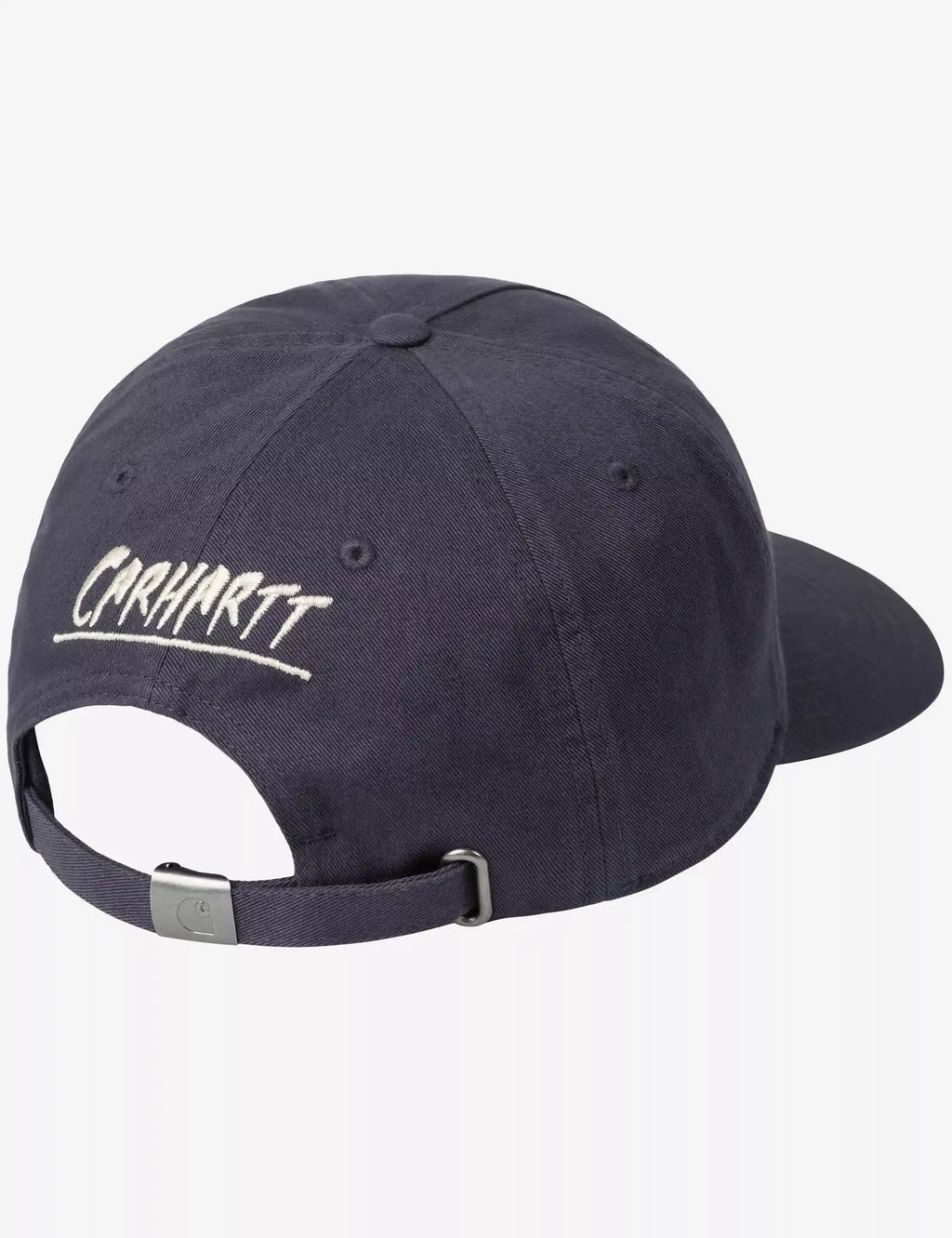 Dark navy baseball cap with white Carhartt logo and adjustable back strap