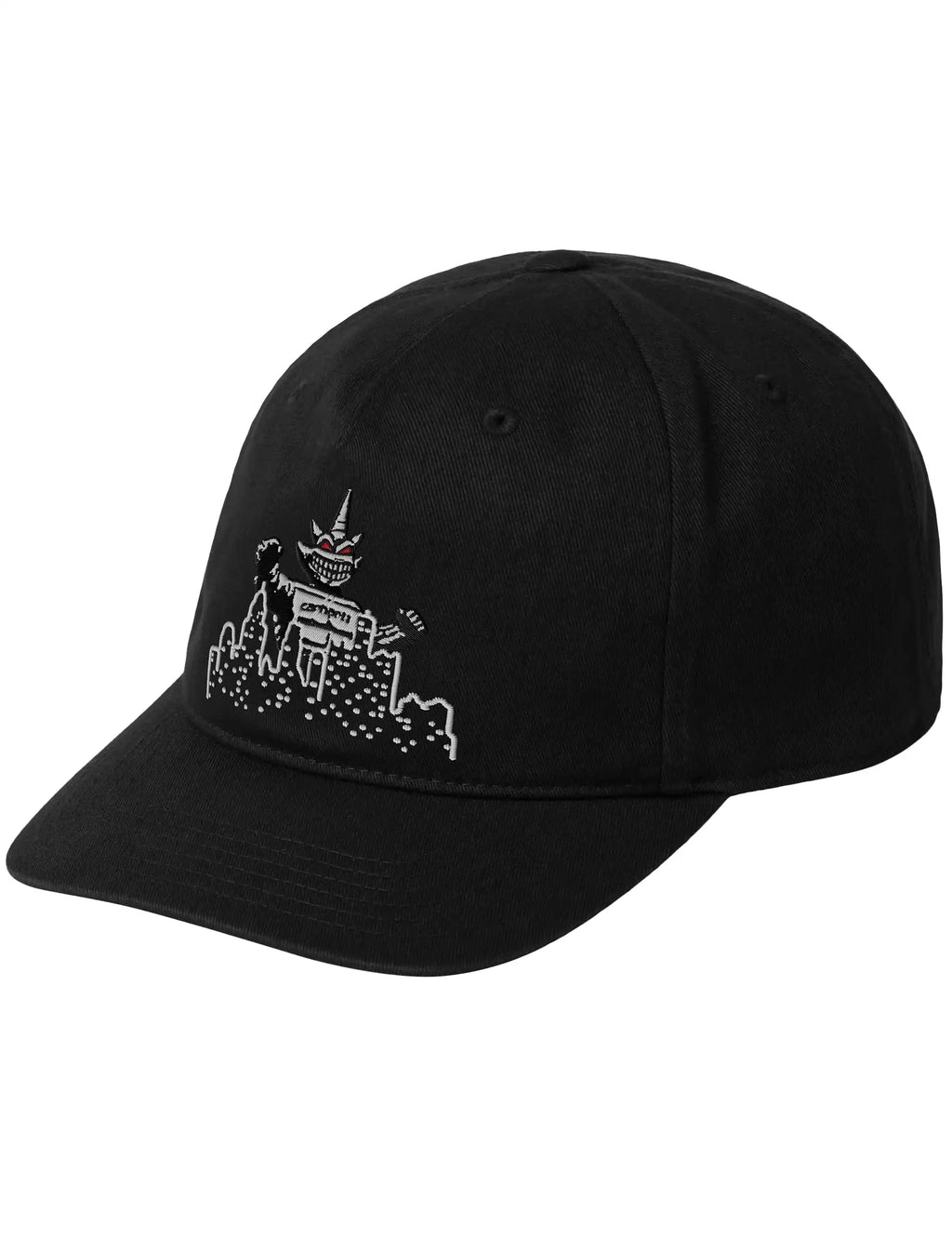 Black baseball cap with embroidered graphic front