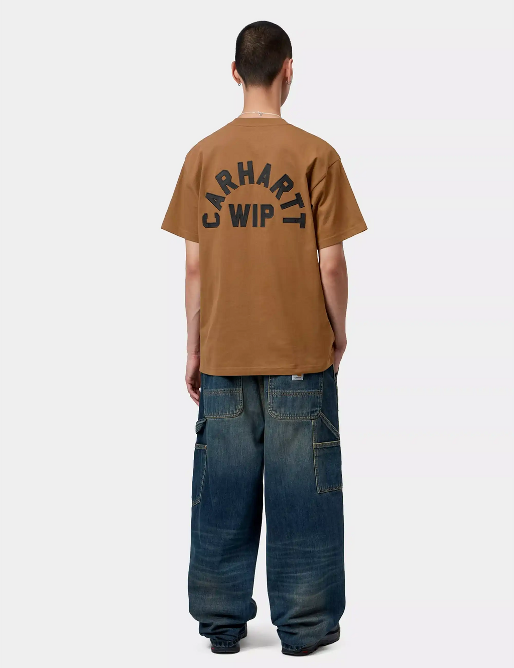 Brown crew-neck T-shirt with Carhartt WIP back graphic, full rear view