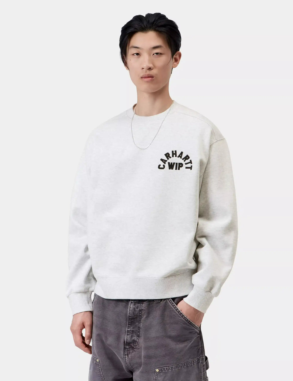 Light gray crewneck sweatshirt with Carhartt WIP logo print at chest