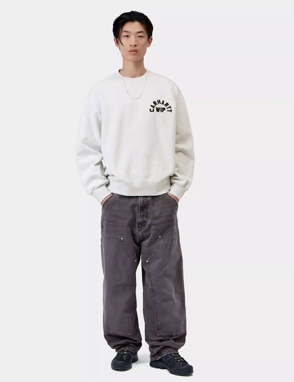 Light gray crewneck sweatshirt with Carhartt WIP chest logo, long sleeves