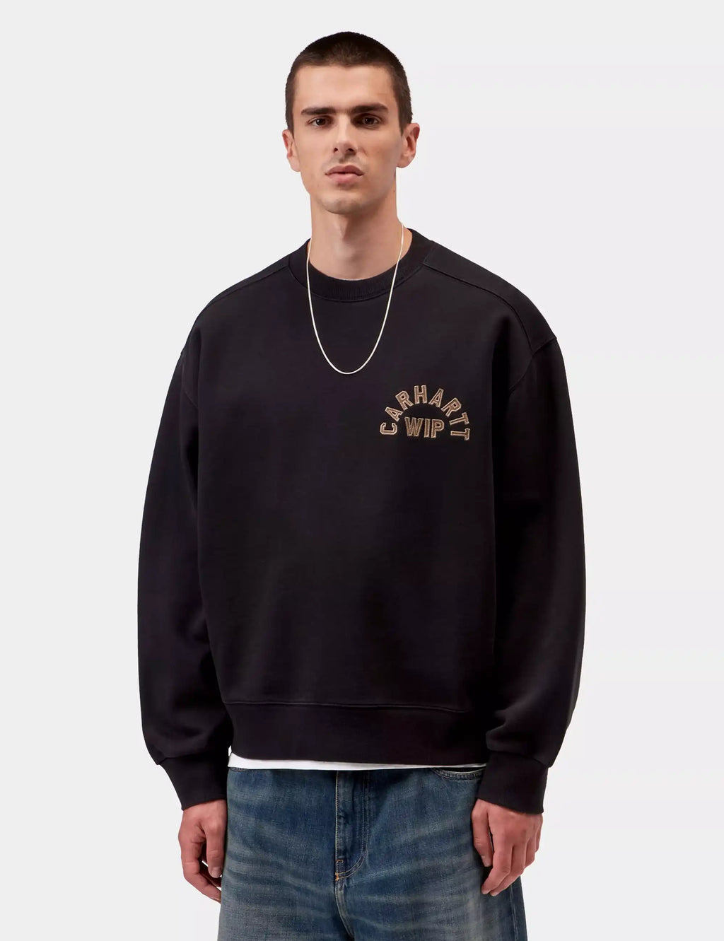 Black crewneck sweatshirt with CARHARTT WIP logo on chest, long sleeves