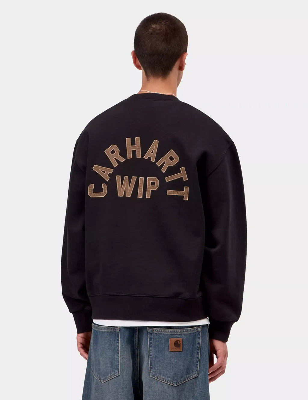 Black crewneck sweatshirt back view with CARHARTT WIP logo, long sleeves