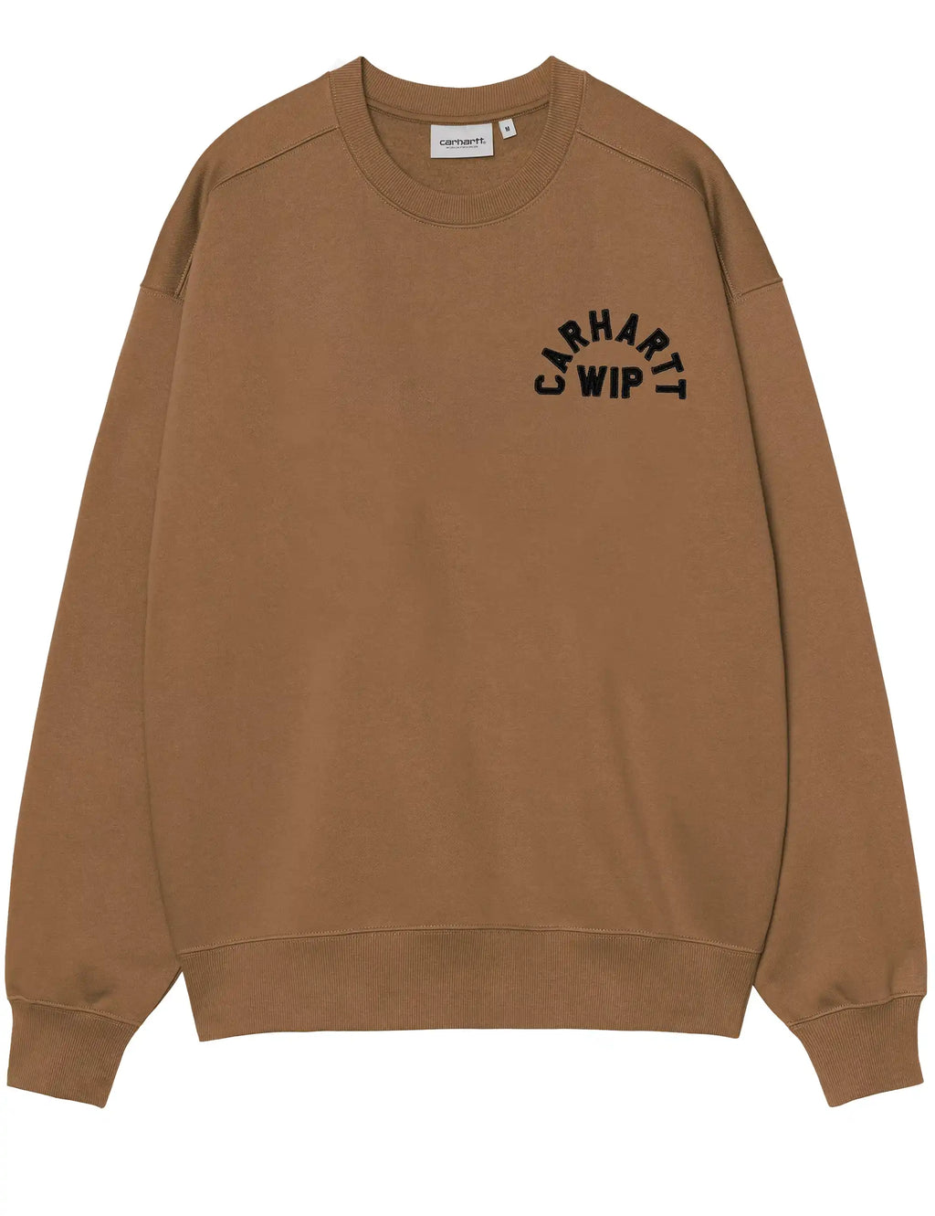 Brown crewneck sweatshirt with small dark logo print on chest